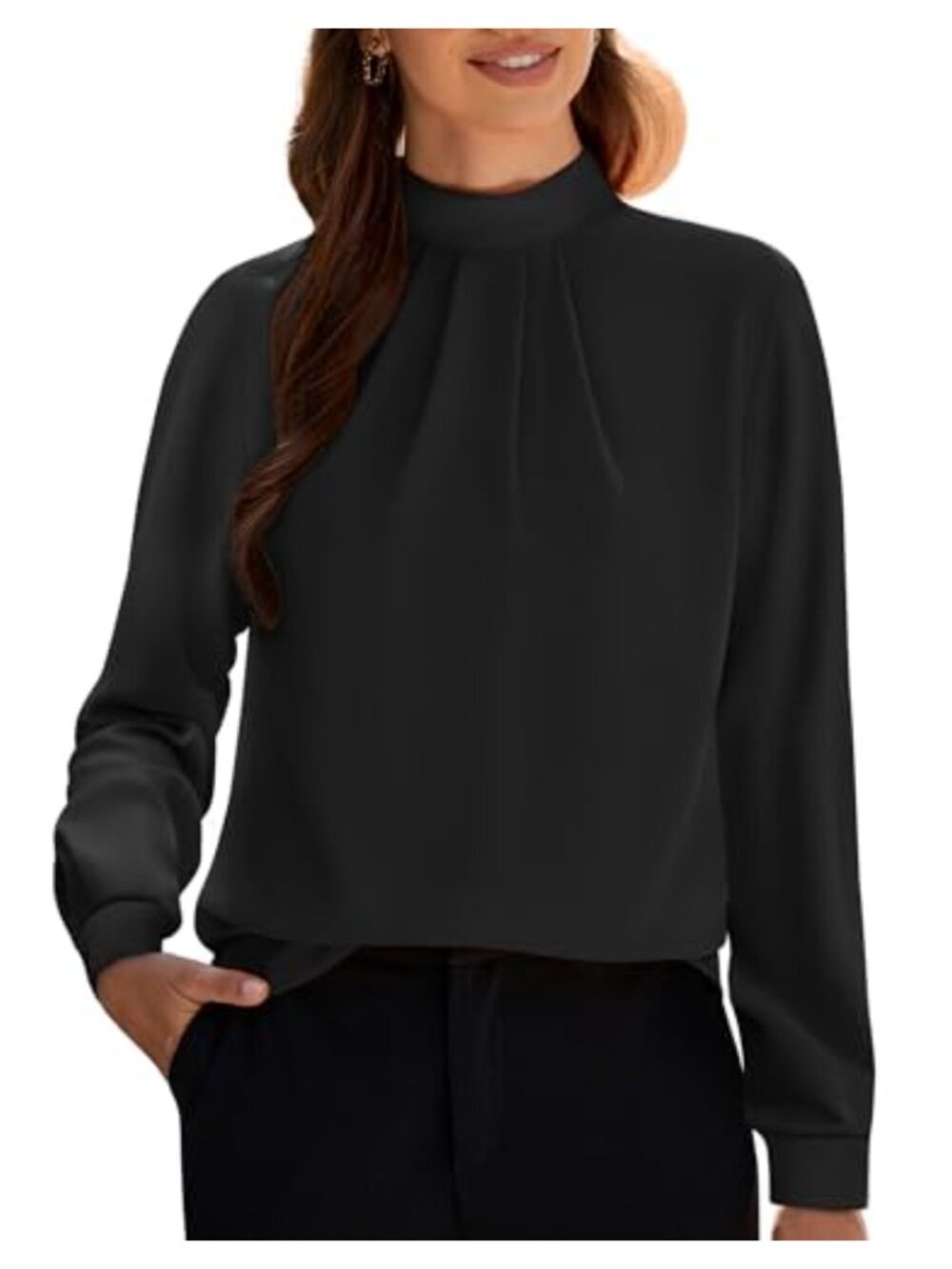 Womens Mock Neck Long Sleeve Chiffon Blouse Dressy Casual Work Tunic Top Pleated